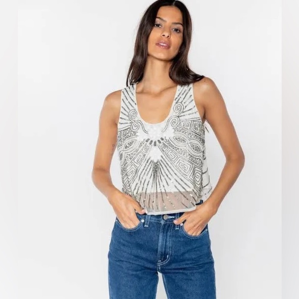 Raga Silver Beaded Festival Sequin Sheer Tank Top